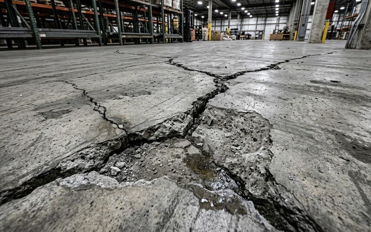 Open crack in a concrete slab before repair