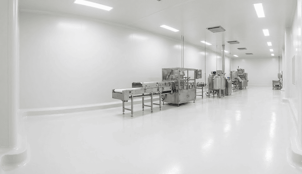 Food processing room with seamless epoxy floor and coved wall base