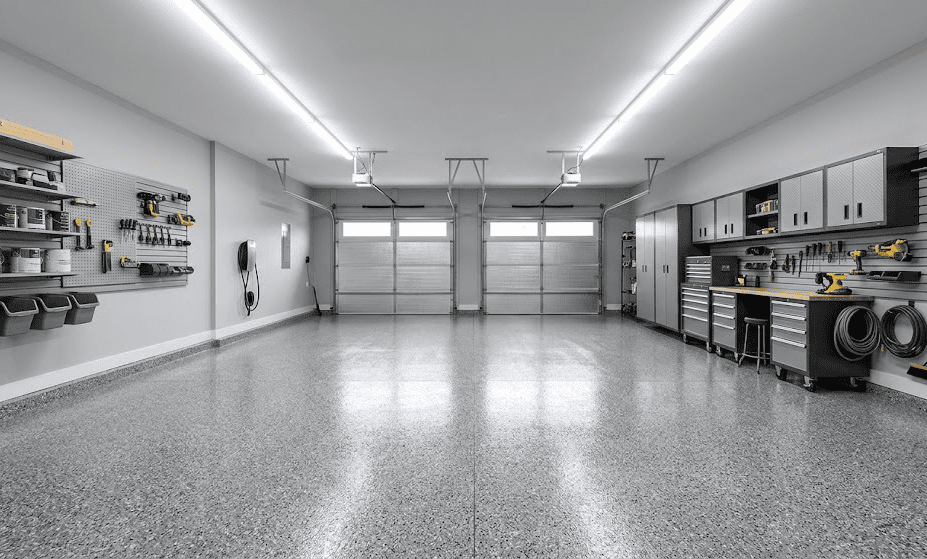 Finished garage floor coating with a flake broadcast