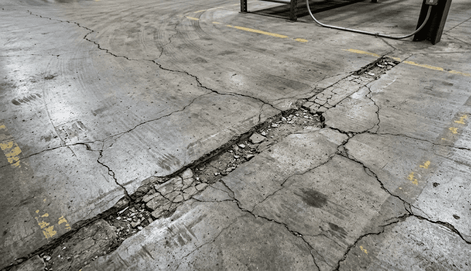Repaired control joints in a warehouse concrete slab