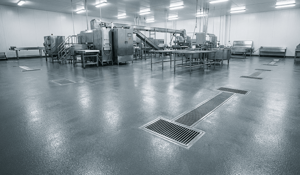 Urethane concrete floor in a commercial kitchen or food plant