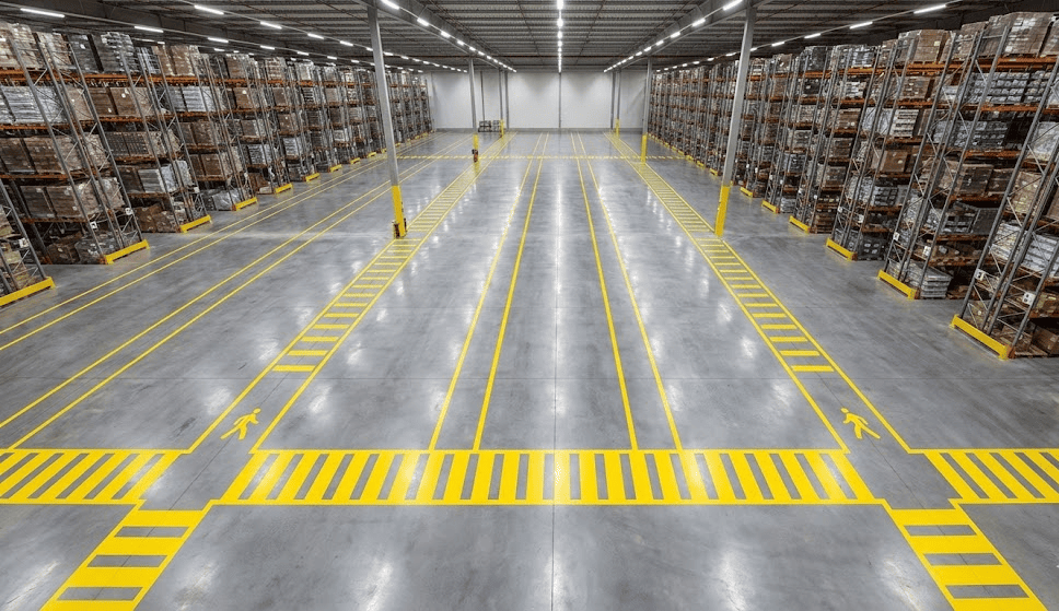 Warehouse aisle with painted pedestrian and forklift lane markings